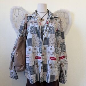 Indie Grunge Granola Girl Patchwork Floral Long Sleeve Button Up Shirt Funky 90s